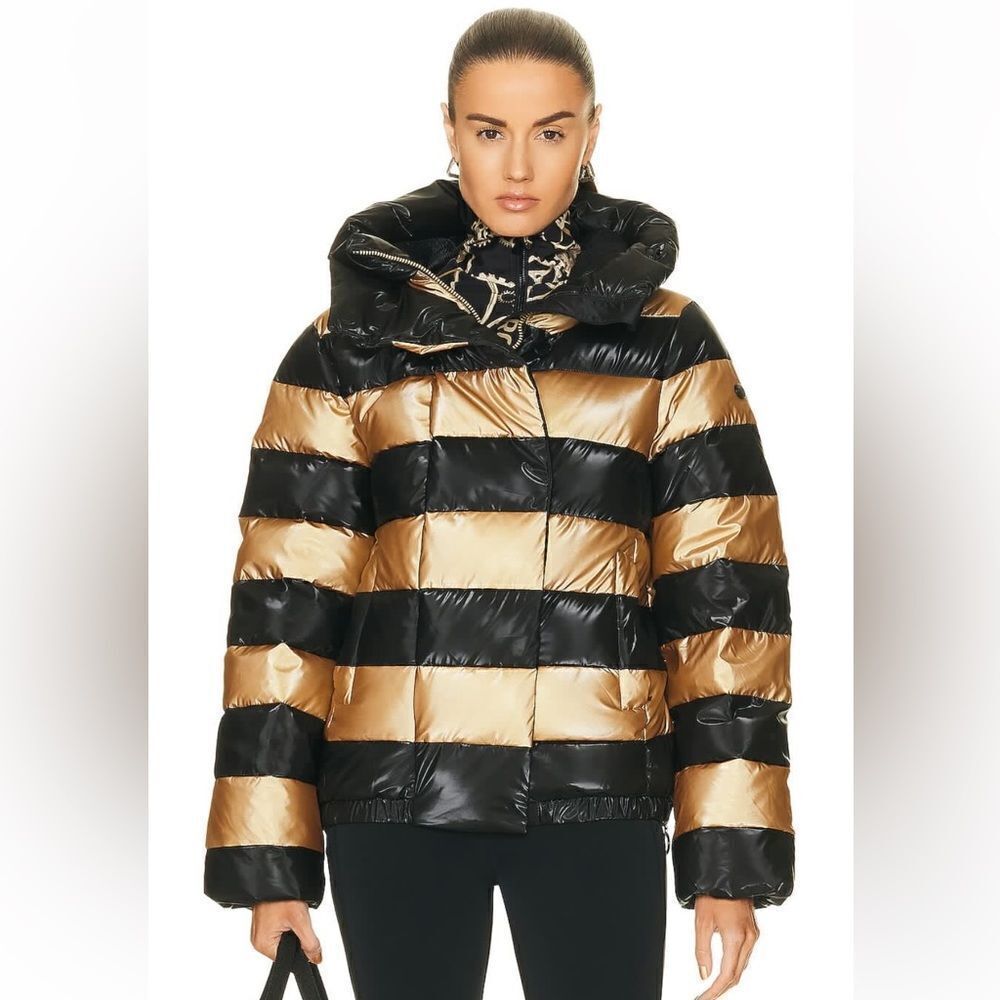 Goldbergh Ski Dazzle Puffer Jacket Coat Striped Gold Black size US 8